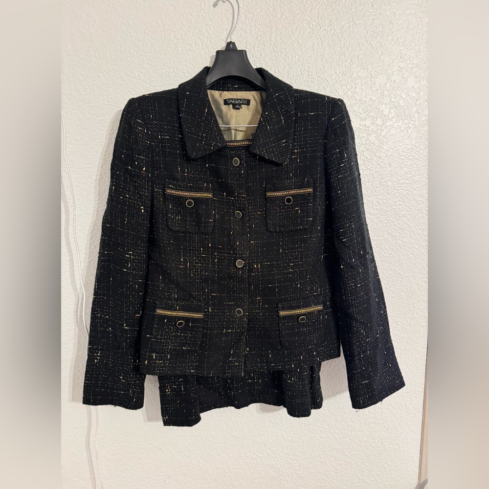 Tahari Women's Black Tweed & Gold  Jacket Skirt Suit Set